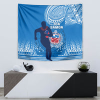 Blue rugby tapestry with Toa Samoa warrior graphic and white patterned border