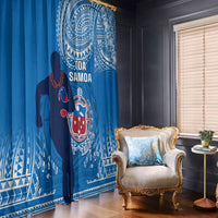 Blue Samoa rugby window curtain with white tribal pattern and large rugby crest
