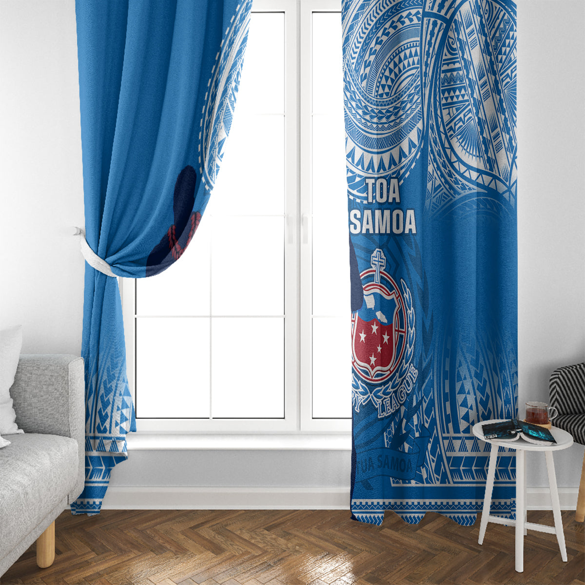Blue Samoa rugby window curtains framing a white door with crest and tribal design