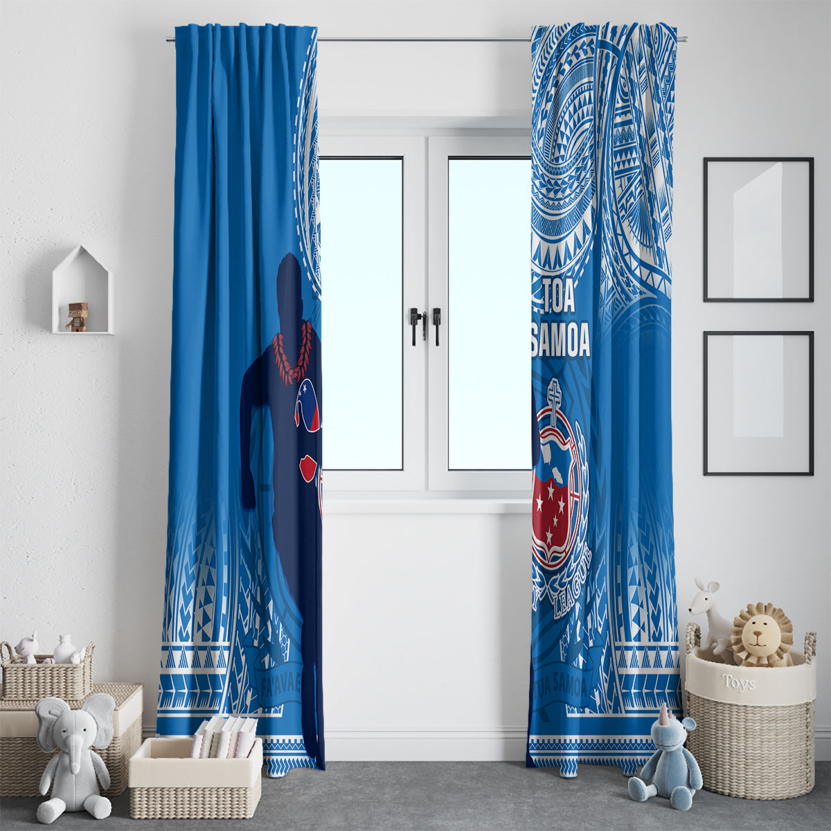 Blue Samoa rugby curtains with white circular tribal motifs and central rugby crest