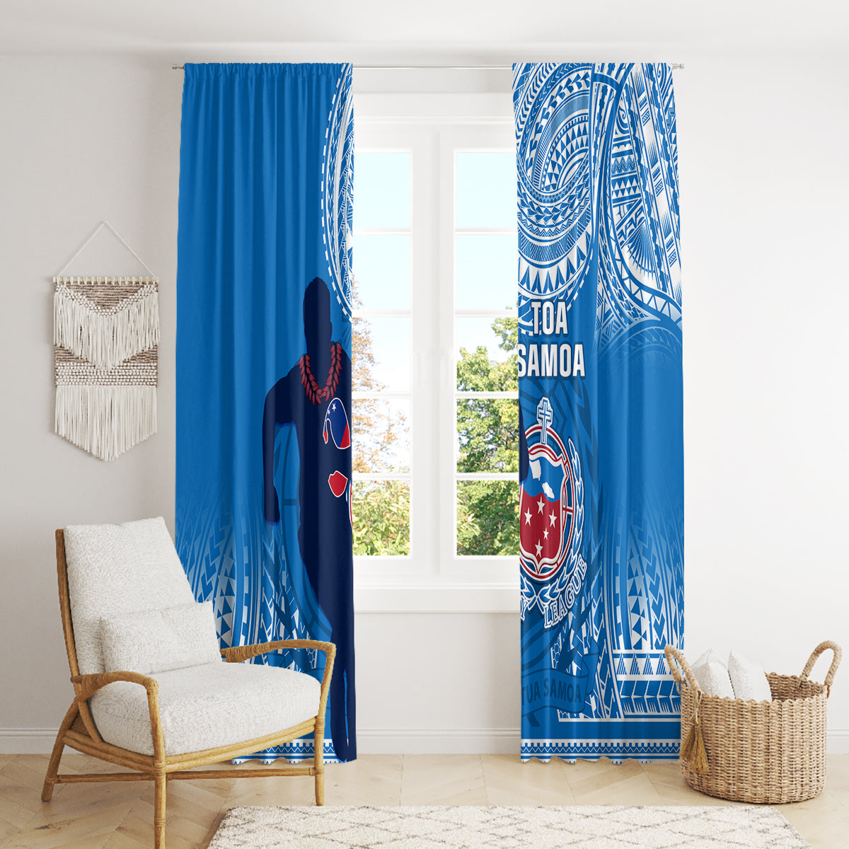 Blue Samoa rugby curtain panels with white emblem and tribal border detail