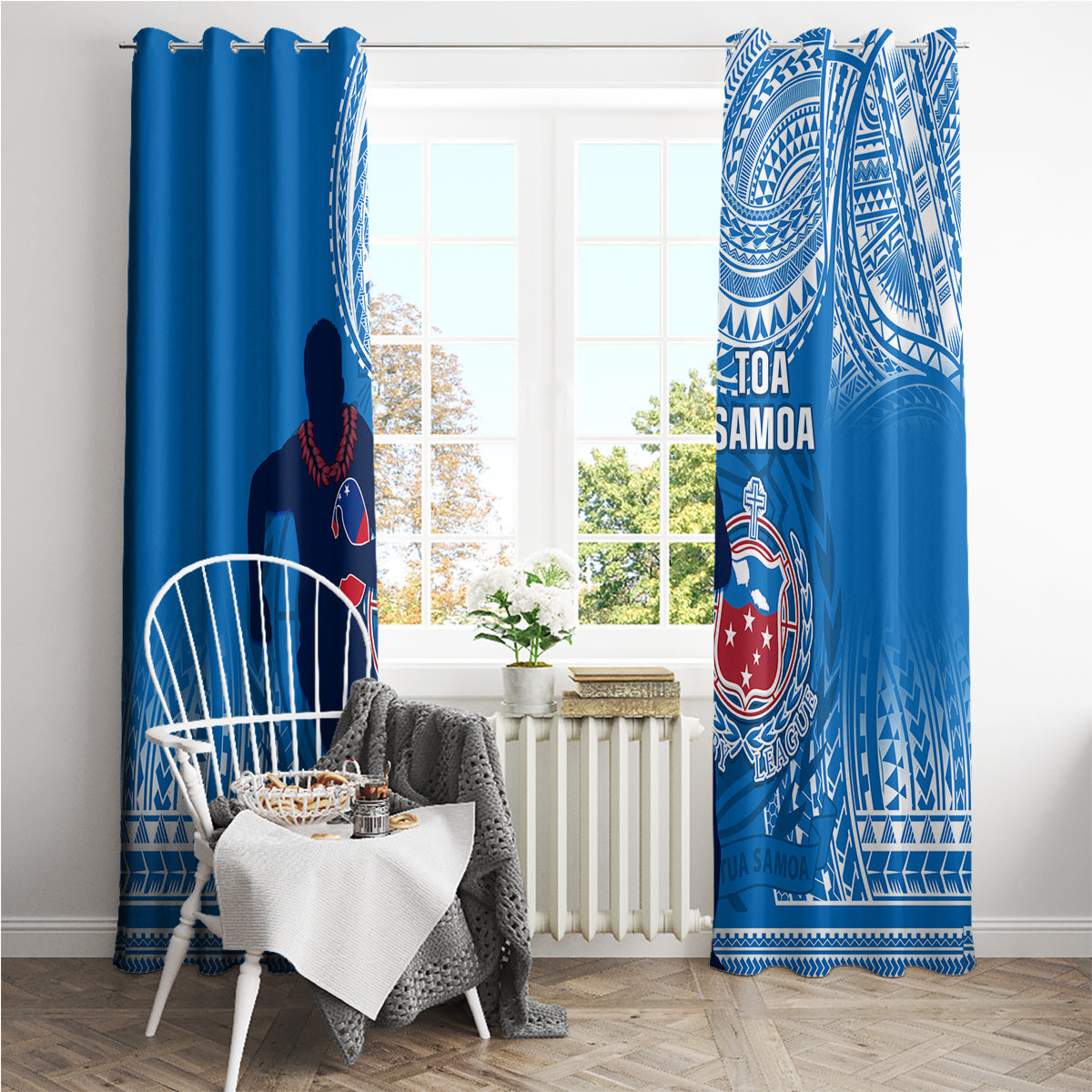 Blue Samoa rugby curtains on each side of a window with large white crest