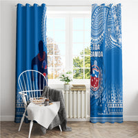 Blue Samoa rugby curtains on each side of a window with large white crest