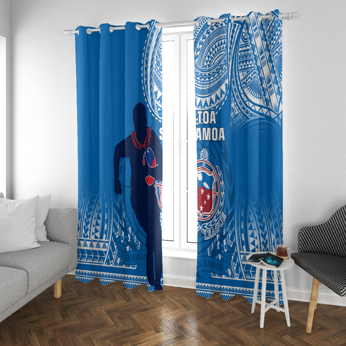 Blue Samoa rugby window curtains with white tribal artwork and rugby team crest