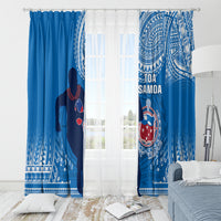 Blue Samoa rugby curtains with white tribal motifs and rugby crest above the bed