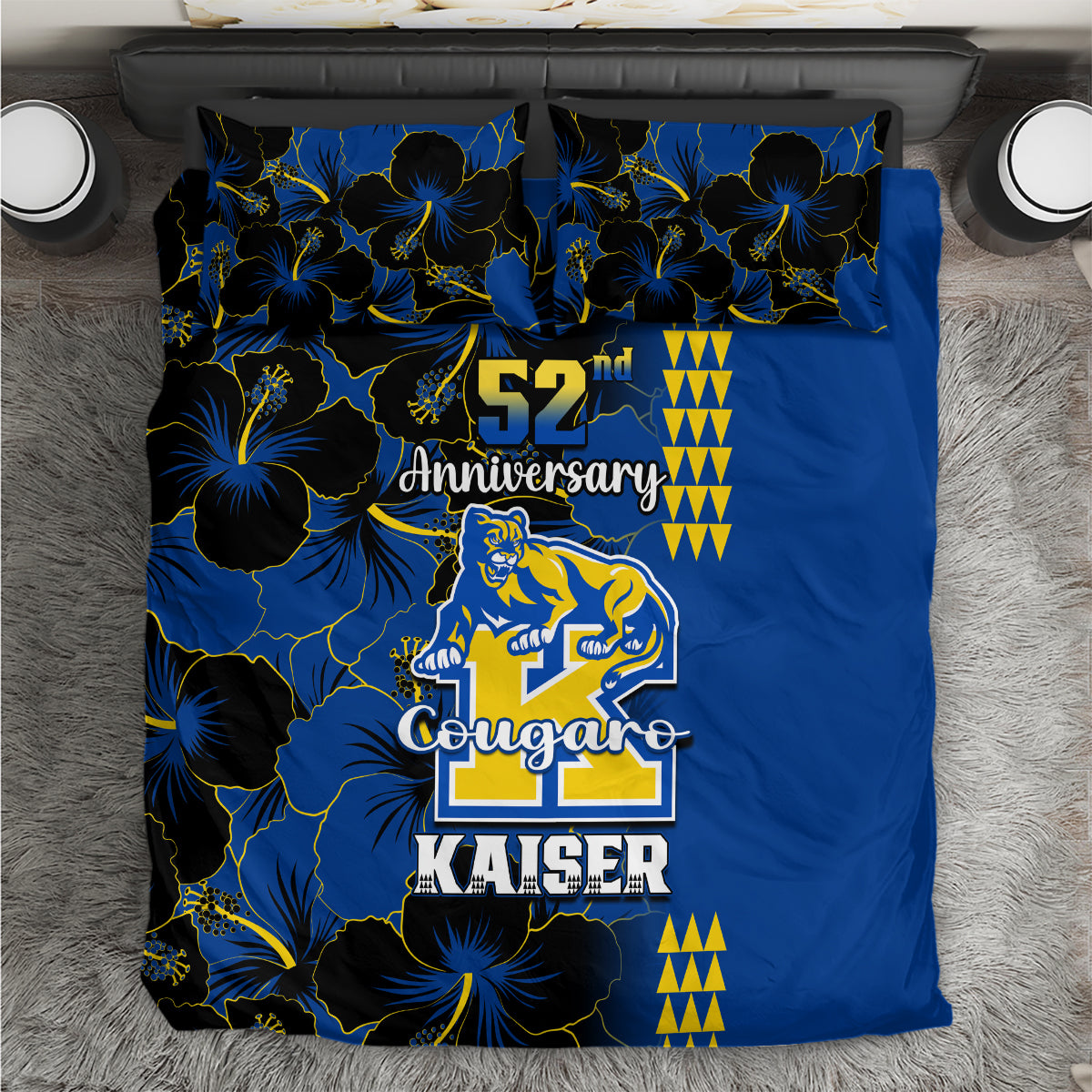 Blue hibiscus bedding set with 52nd Anniversary text and yellow cougar crest