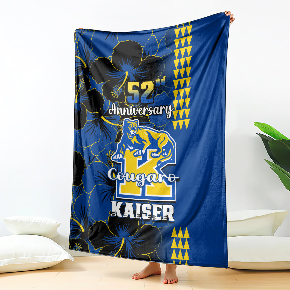 Blue anniversary school blanket with cougar graphic and 52nd text detail