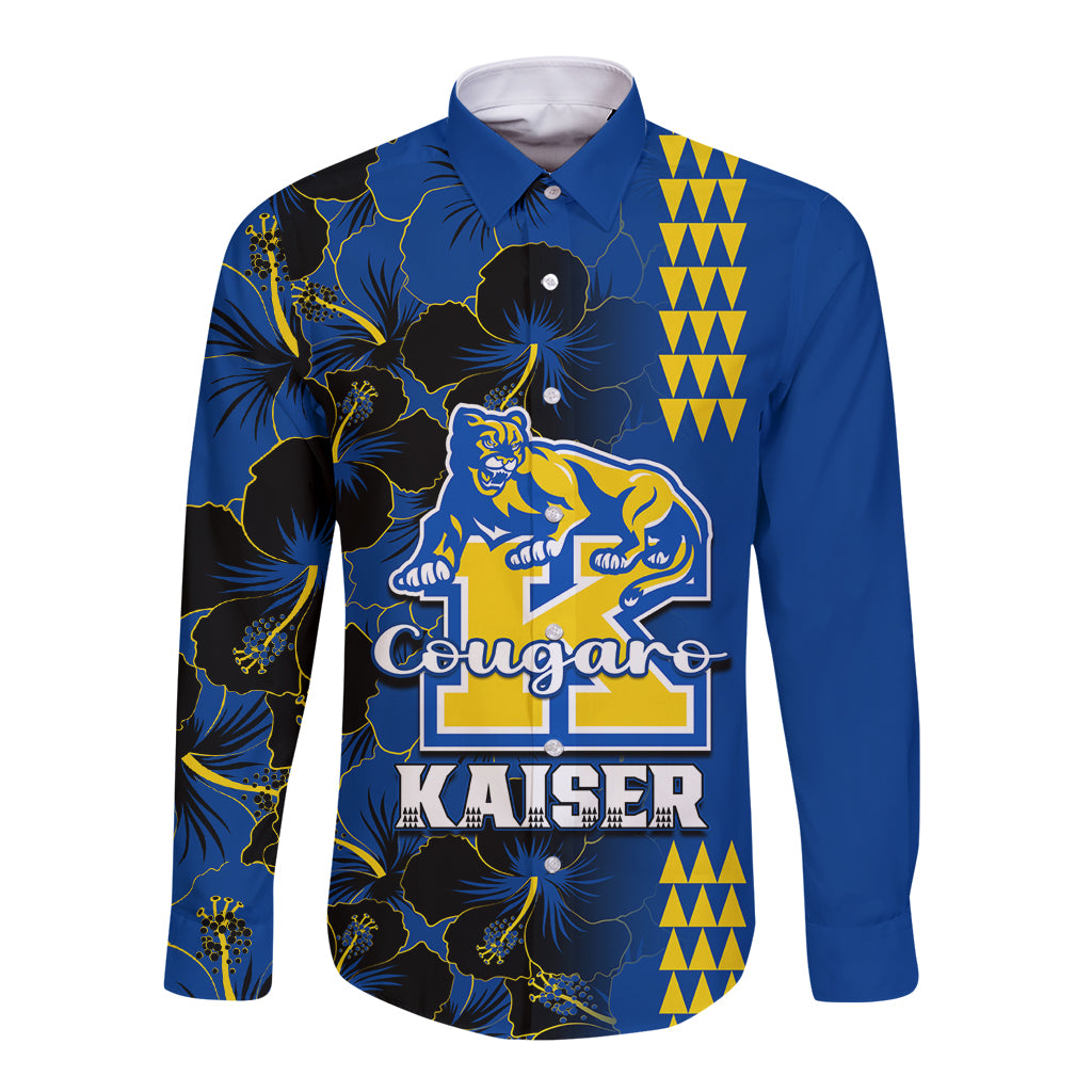 Blue long sleeve button shirt with cougar school crest and floral hibiscus print