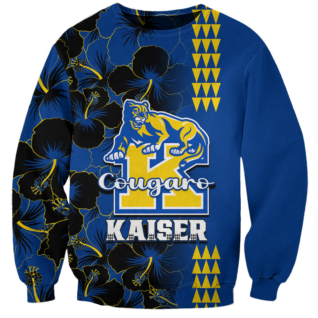Blue unisex sweatshirt with Cougar logo and hibiscus-style graphic, crew neck