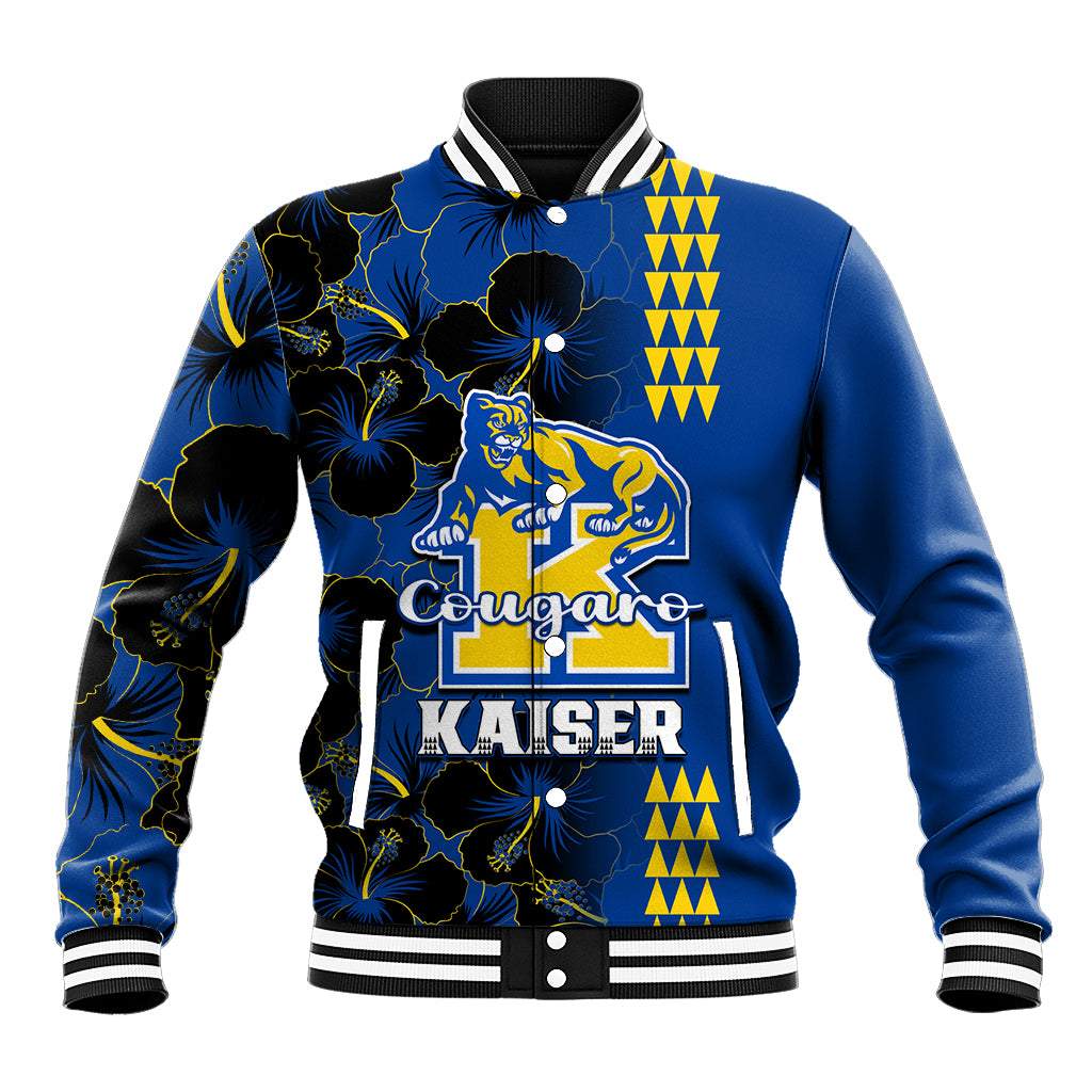 Blue baseball varsity jacket with black floral print, front cougar and KAISER graphics