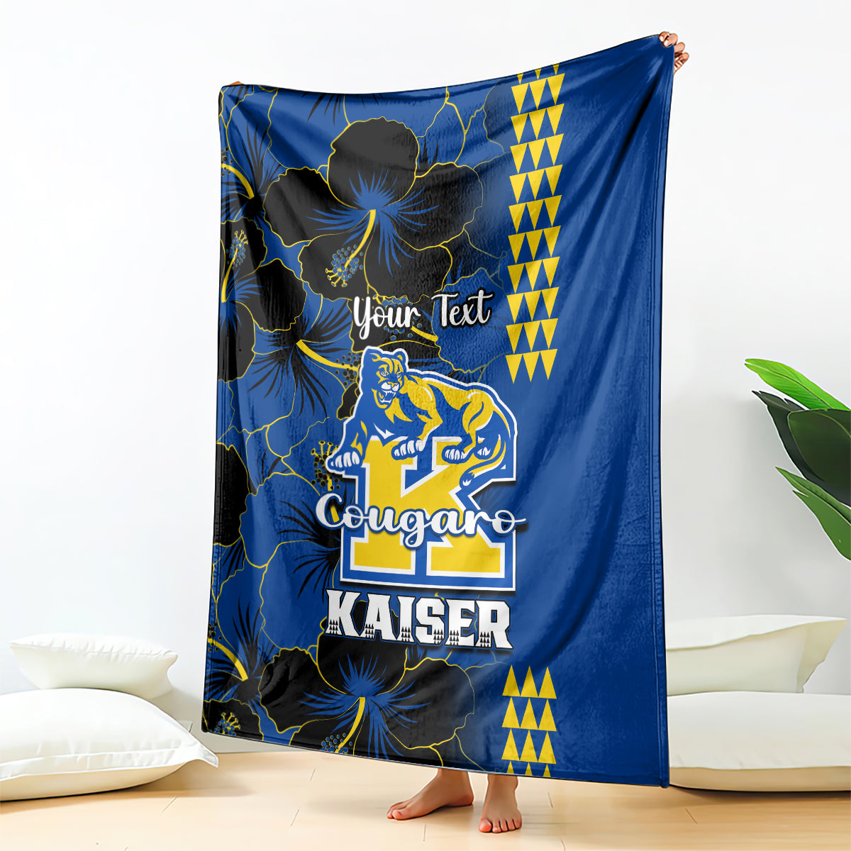 Personalized blue blanket with black hibiscus pattern, cougar mascot, and 'Your Text'