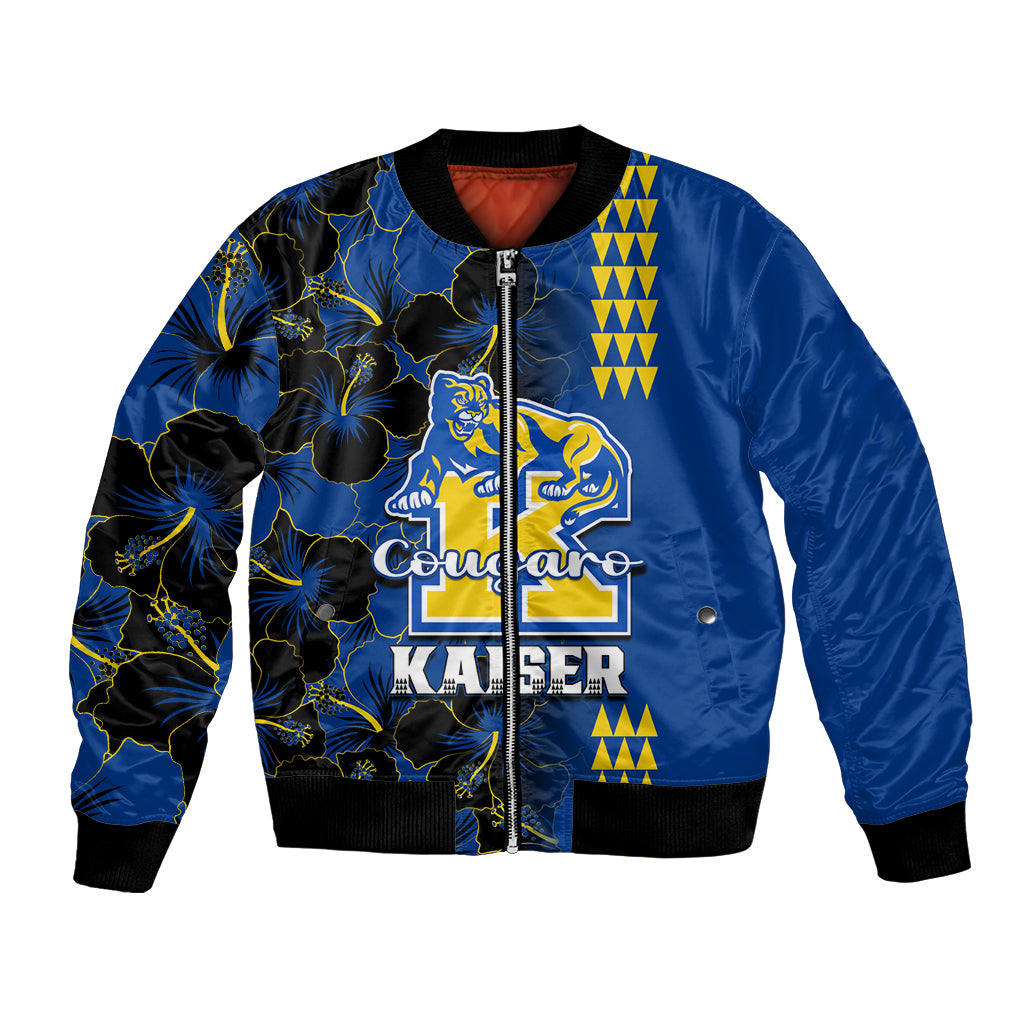 Blue satin bomber jacket with black ribbed trim, front zip, floral/paw print logo