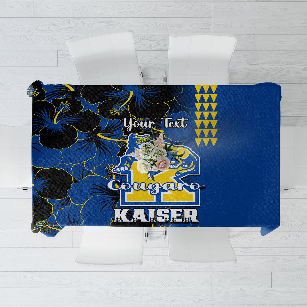 Personalised blue tablecloth with floral hibiscus print, yellow accents, and custom text