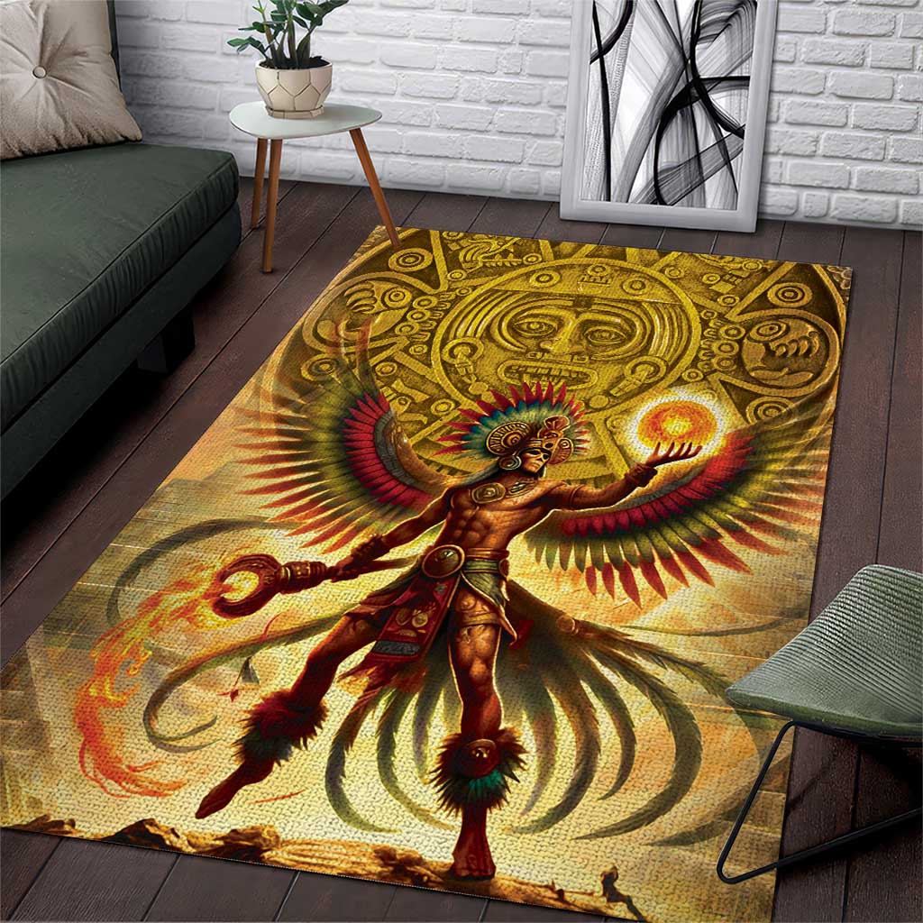 Gold area rug with central sun deity figure, swirling rays, and ornate circular patterns