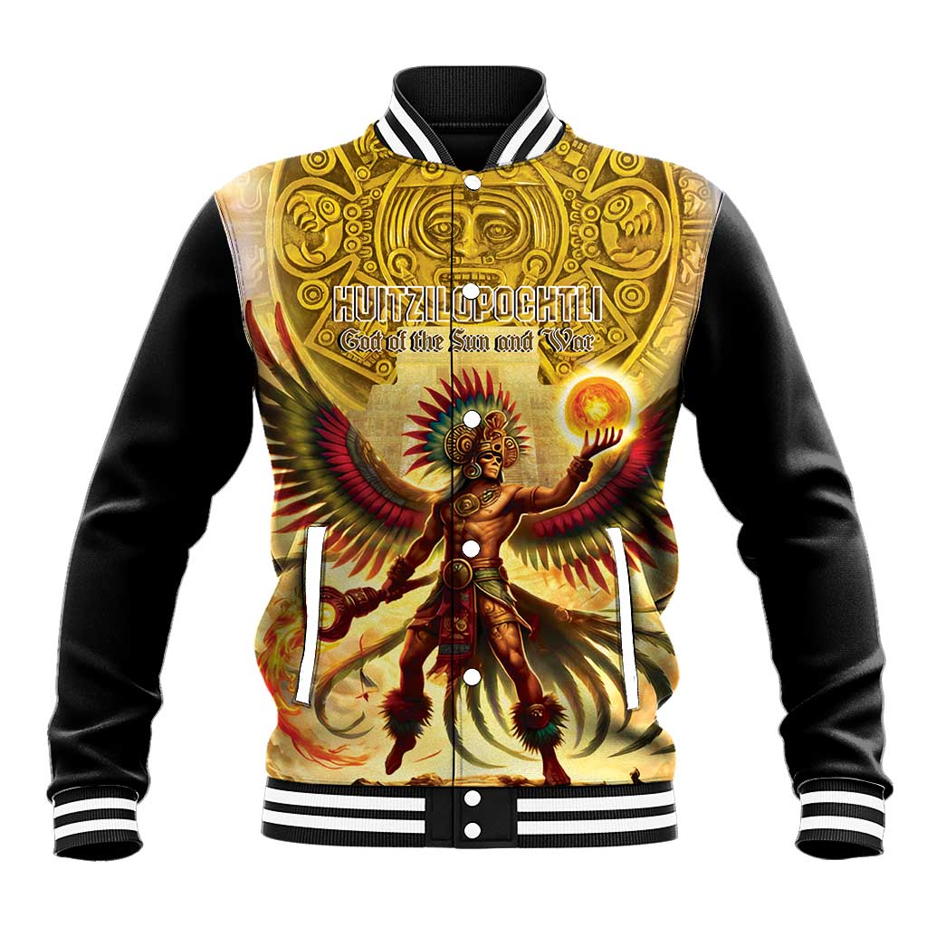 Gold and black varsity baseball jacket with Huitzilopochtli front button graphic