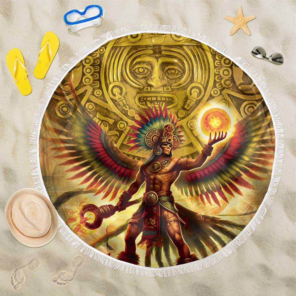 Round beach blanket with white fringe, gold sun-war deity graphic in center