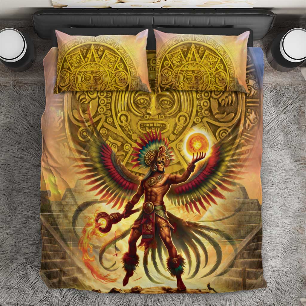 Aztec gold bedding set with central warrior figure, flaming sun, and winged design