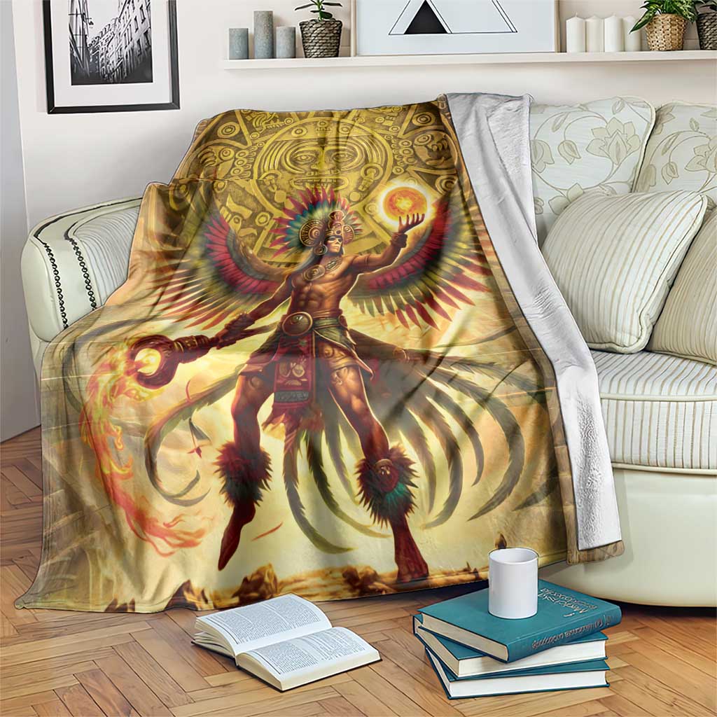 Gold Aztec-style blanket featuring sun warrior with halo and sunburst