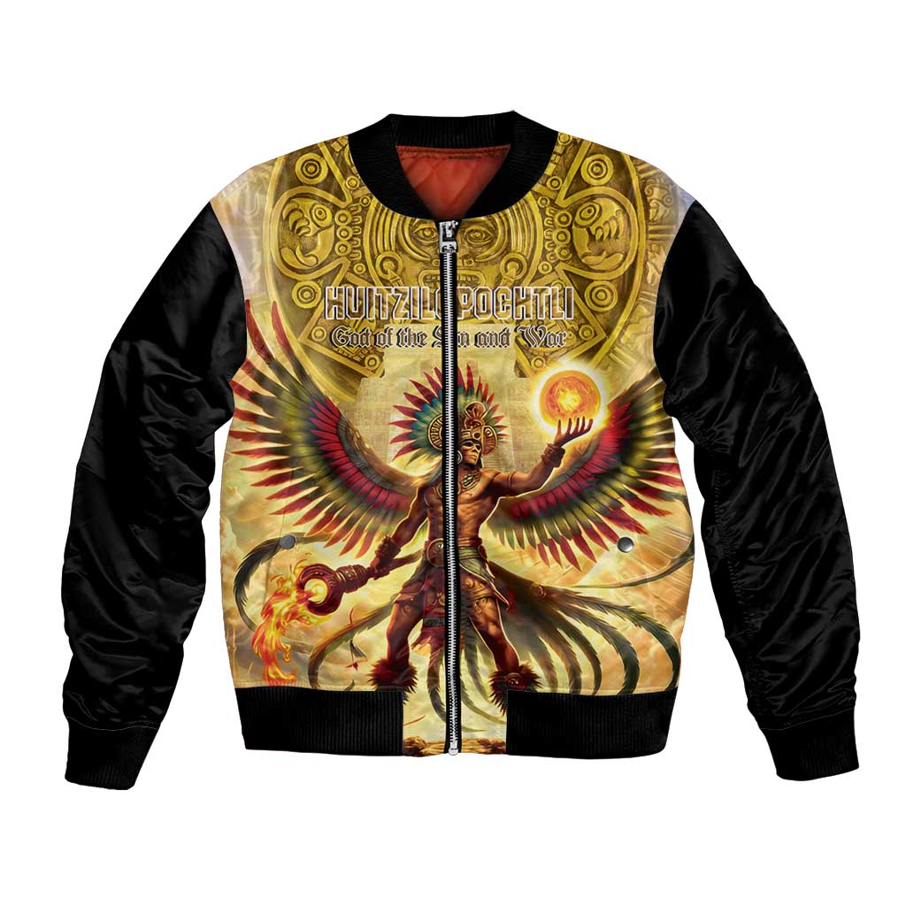 Unisex bomber jacket, black sleeves, gold Aztec sun-war graphic, full zip front