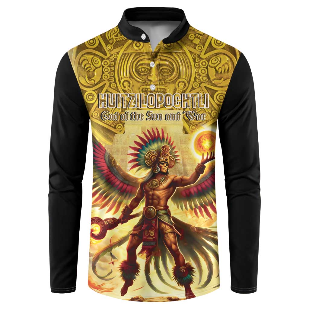 Button-front sweatshirt in black with gold Aztec Huitzilopochtli sun-warrior graphic.