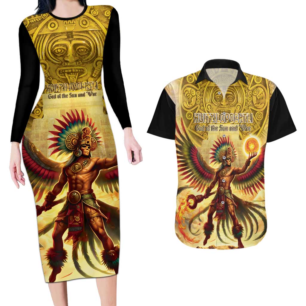 Mexico Panquetzaliztli Couples Matching Long Sleeve Bodycon Dress and Hawaiian Shirt Huitzilopochtli - Aztec God of Sun and War