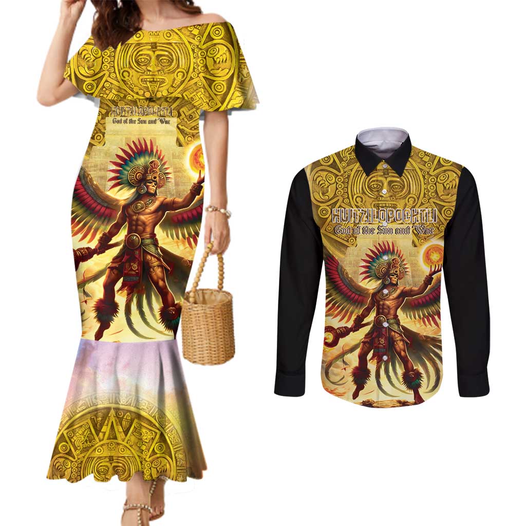 Mexico Panquetzaliztli Couples Matching Mermaid Dress and Long Sleeve Button Shirt Huitzilopochtli - Aztec God of Sun and War