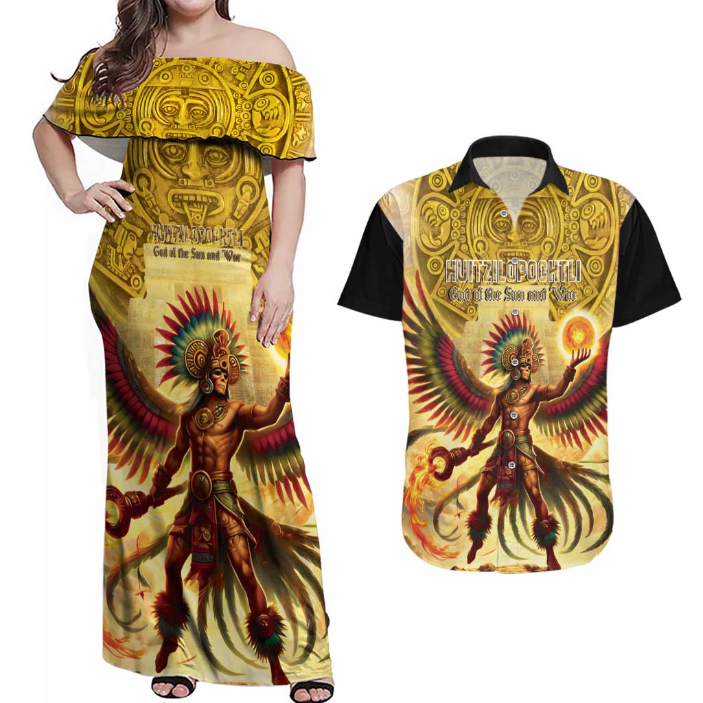 Mexico Panquetzaliztli Couples Matching Off Shoulder Maxi Dress and Hawaiian Shirt Huitzilopochtli - Aztec God of Sun and War