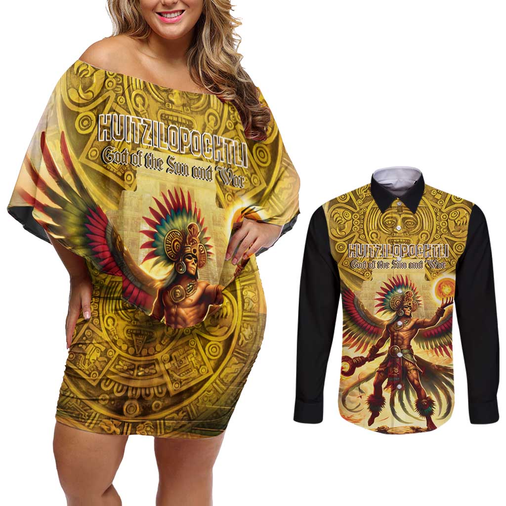 Mexico Panquetzaliztli Couples Matching Off Shoulder Short Dress and Long Sleeve Button Shirt Huitzilopochtli - Aztec God of Sun and War