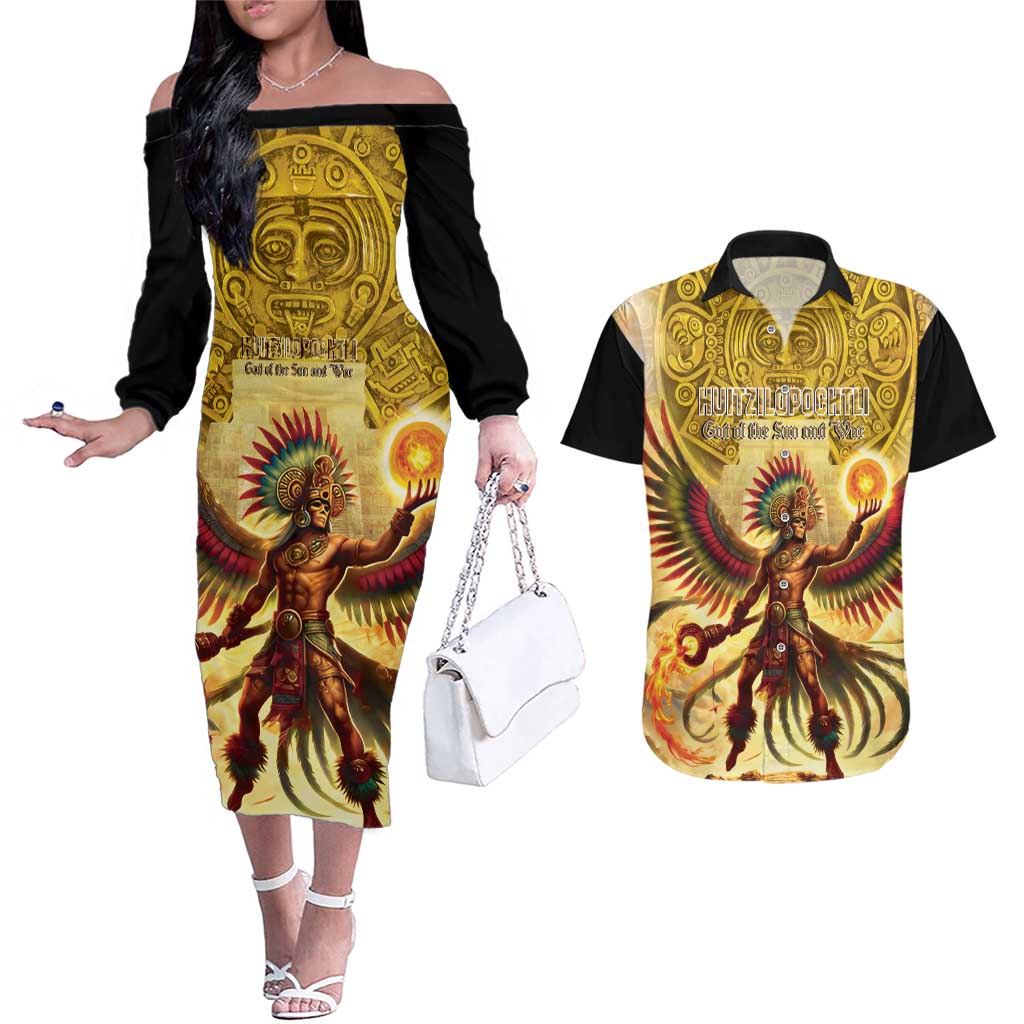 Mexico Panquetzaliztli Couples Matching Off The Shoulder Long Sleeve Dress and Hawaiian Shirt Huitzilopochtli - Aztec God of Sun and War