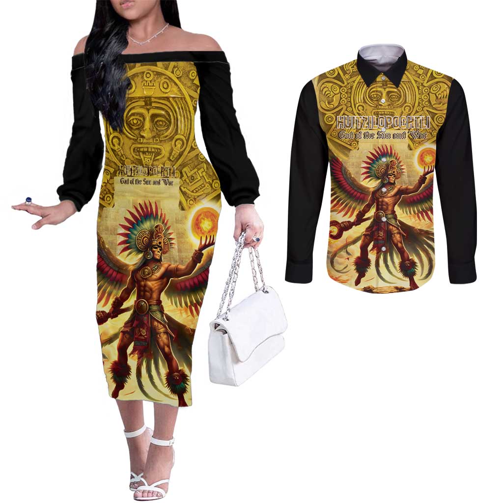 Mexico Panquetzaliztli Couples Matching Off The Shoulder Long Sleeve Dress and Long Sleeve Button Shirt Huitzilopochtli - Aztec God of Sun and War