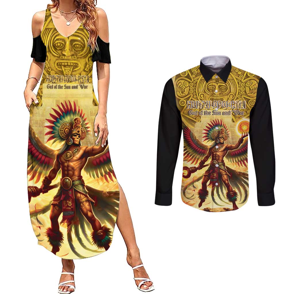 Mexico Panquetzaliztli Couples Matching Summer Maxi Dress and Long Sleeve Button Shirt Huitzilopochtli - Aztec God of Sun and War