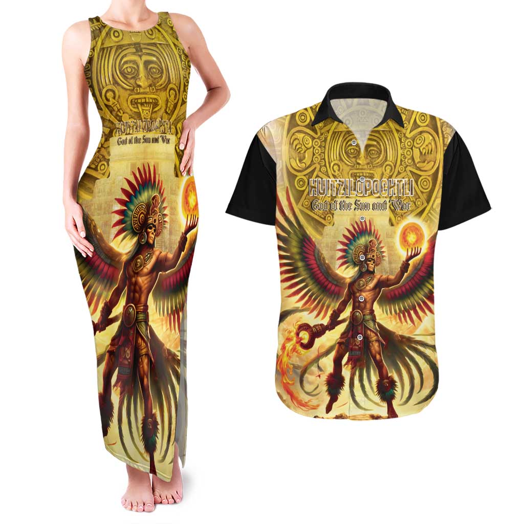 Mexico Panquetzaliztli Couples Matching Tank Maxi Dress and Hawaiian Shirt Huitzilopochtli - Aztec God of Sun and War