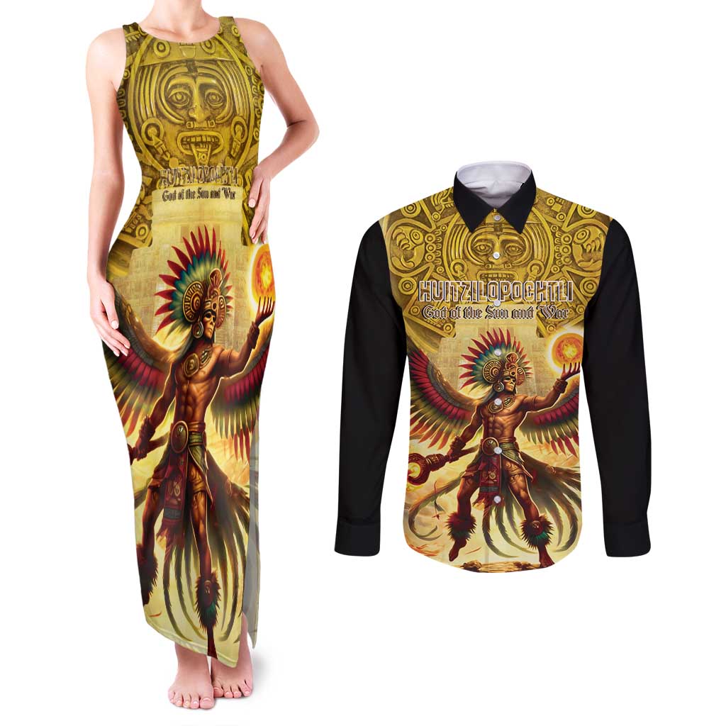 Mexico Panquetzaliztli Couples Matching Tank Maxi Dress and Long Sleeve Button Shirt Huitzilopochtli - Aztec God of Sun and War