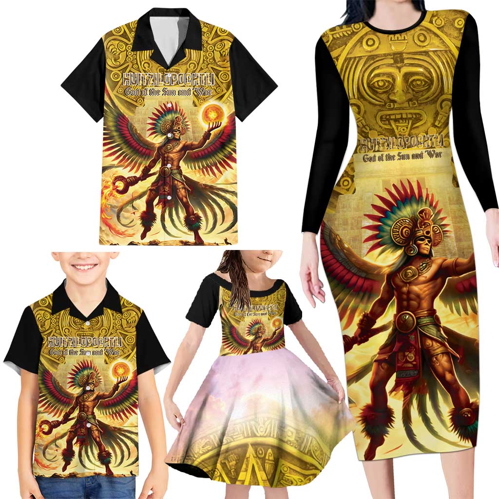 Mexico Panquetzaliztli Family Matching Long Sleeve Bodycon Dress and Hawaiian Shirt Huitzilopochtli - Aztec God of Sun and War