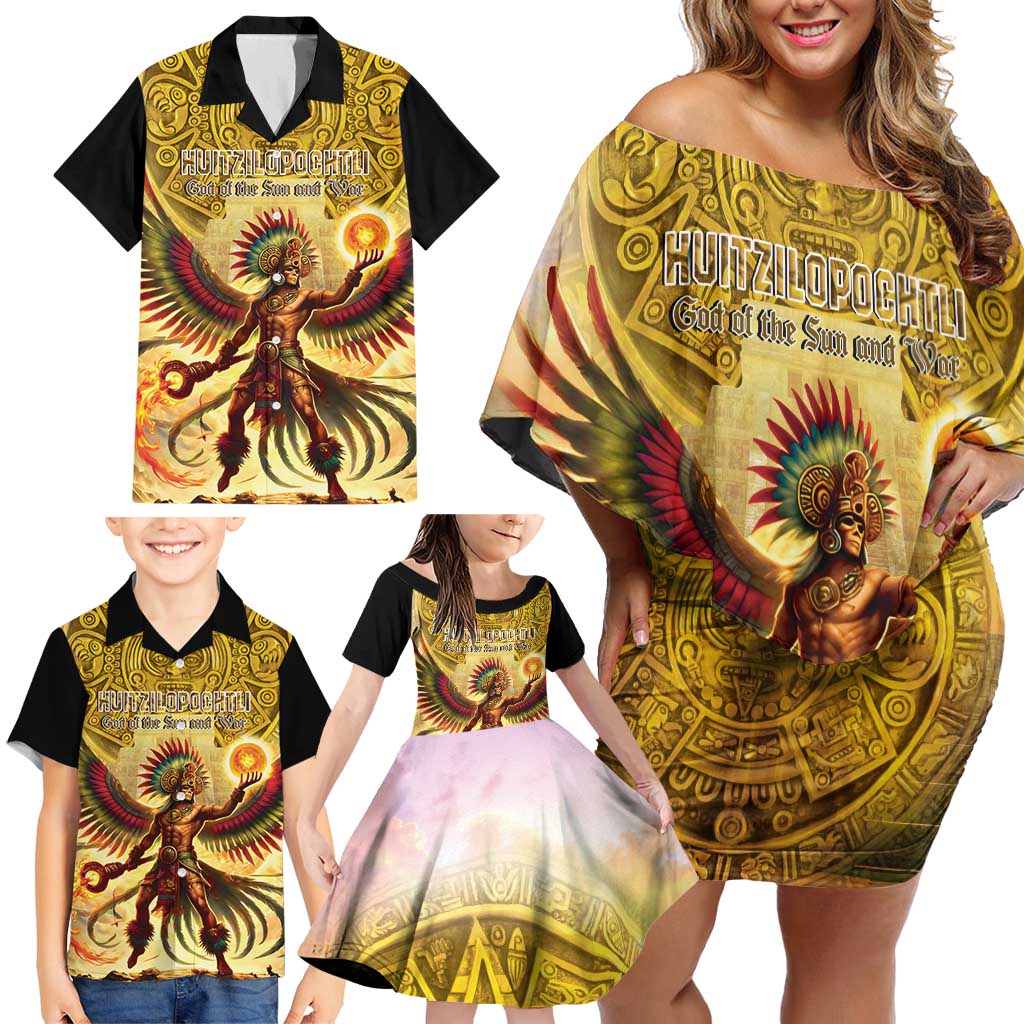 Mexico Panquetzaliztli Family Matching Off Shoulder Short Dress and Hawaiian Shirt Huitzilopochtli - Aztec God of Sun and War