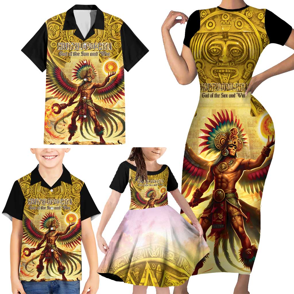 Mexico Panquetzaliztli Family Matching Short Sleeve Bodycon Dress and Hawaiian Shirt Huitzilopochtli - Aztec God of Sun and War