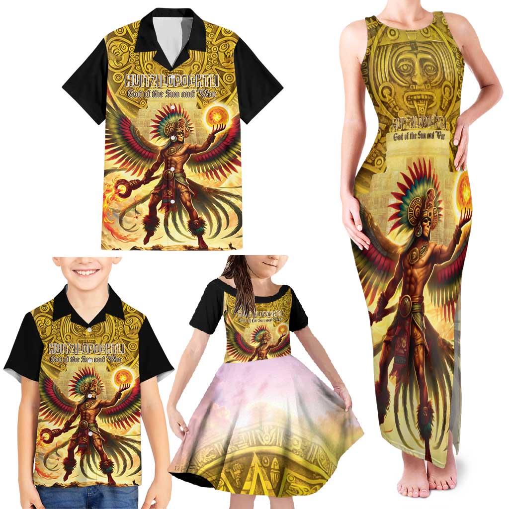 Mexico Panquetzaliztli Family Matching Tank Maxi Dress and Hawaiian Shirt Huitzilopochtli - Aztec God of Sun and War