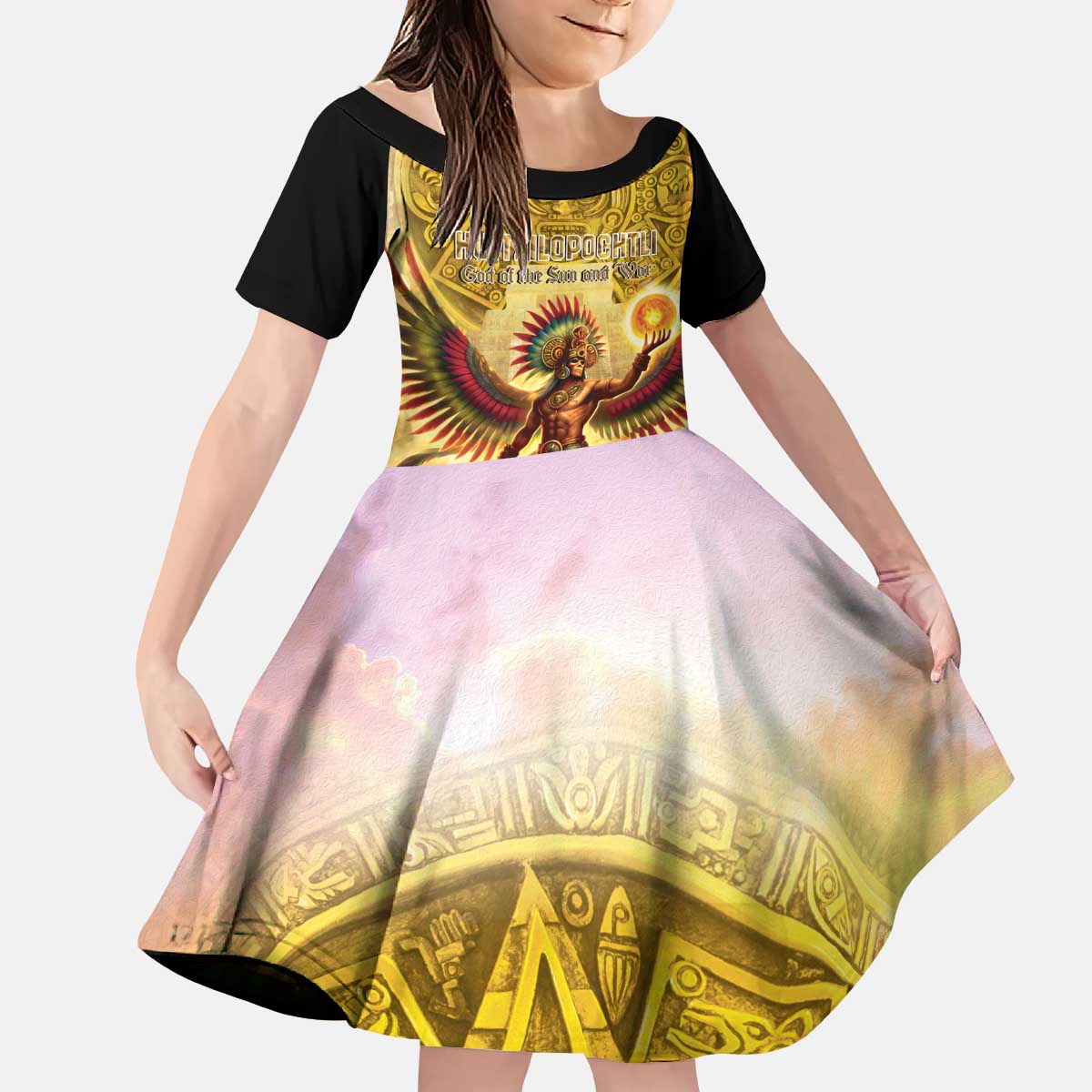 Mexico Panquetzaliztli Kid Short Sleeve Dress Huitzilopochtli - Aztec God of Sun and War