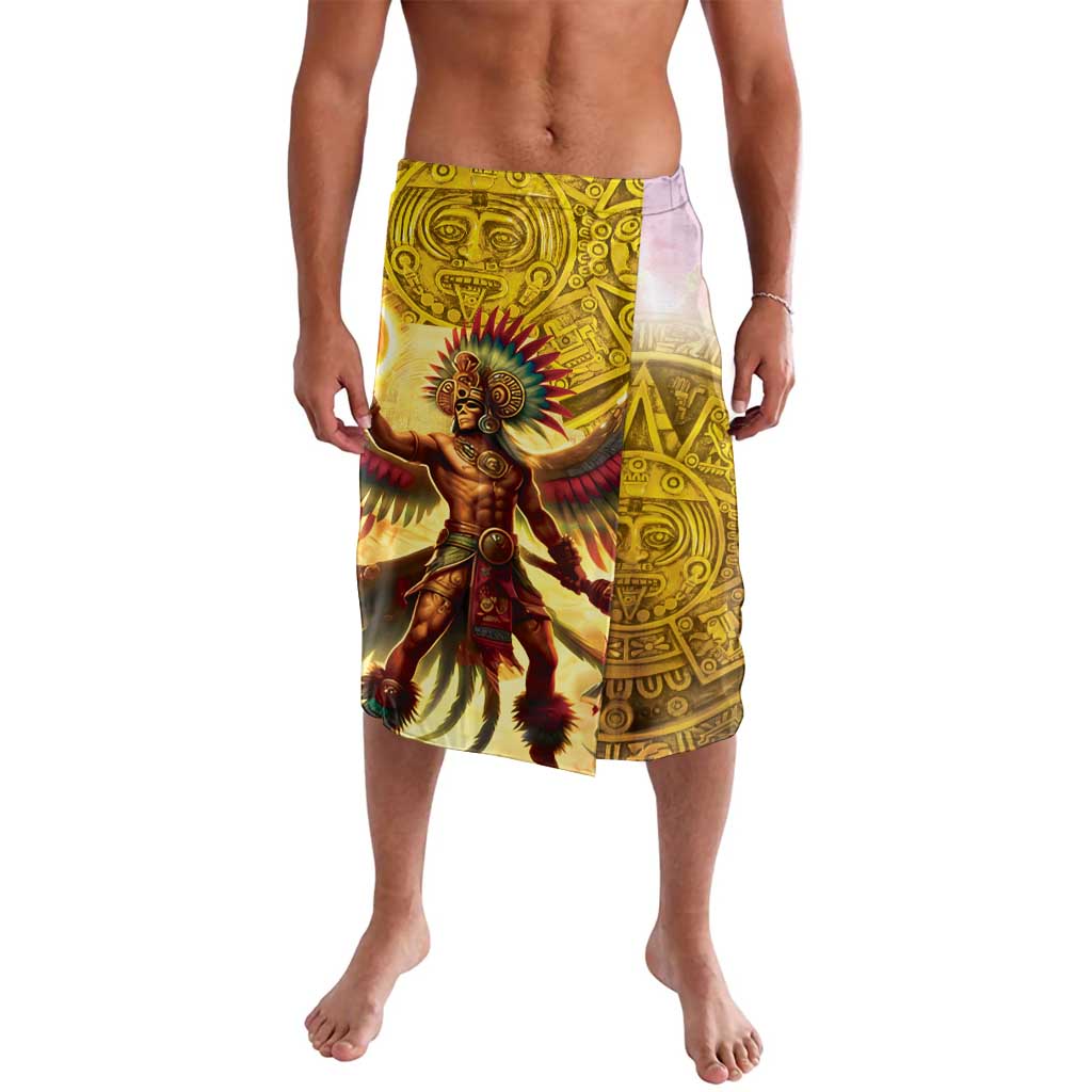 Gold Aztec print swim shorts with elastic waistband, front view