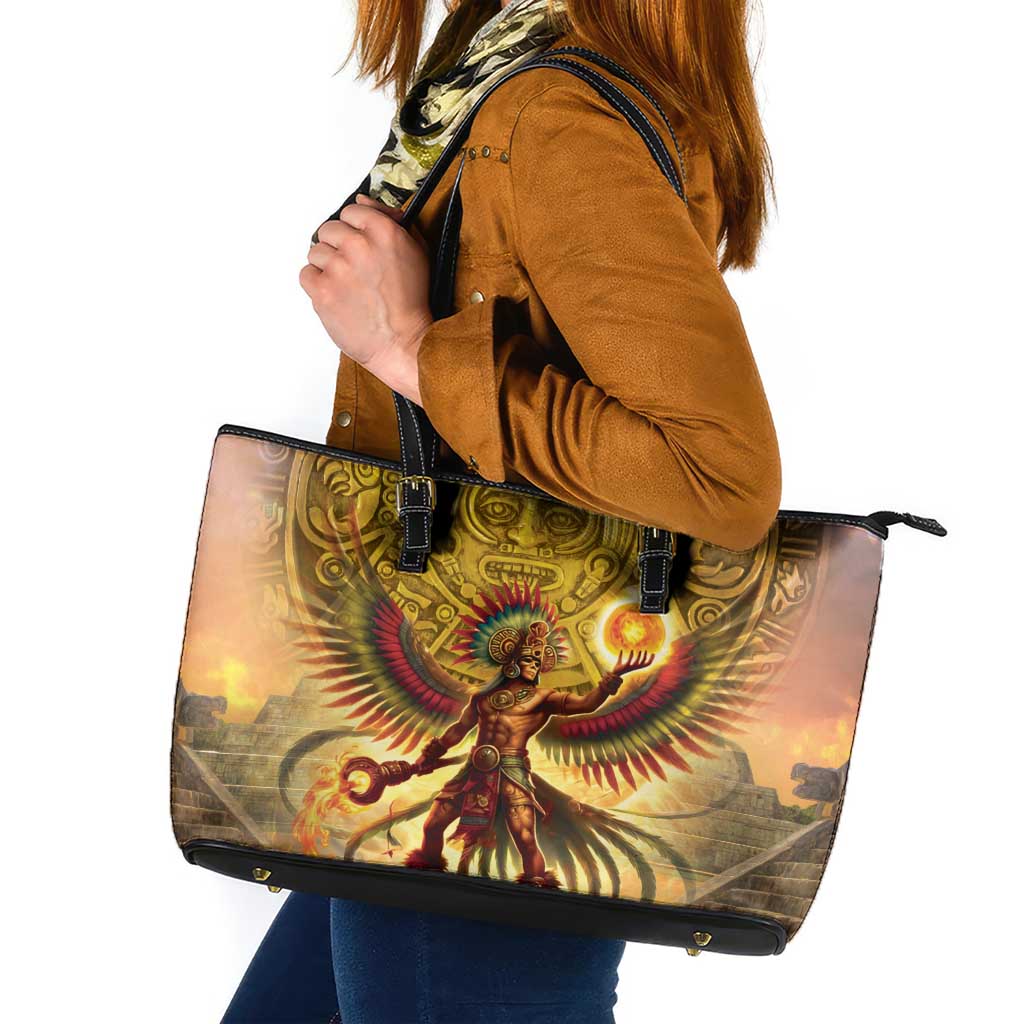 Mexico Panquetzaliztli Leather Tote Bag Huitzilopochtli - Aztec God of Sun and War