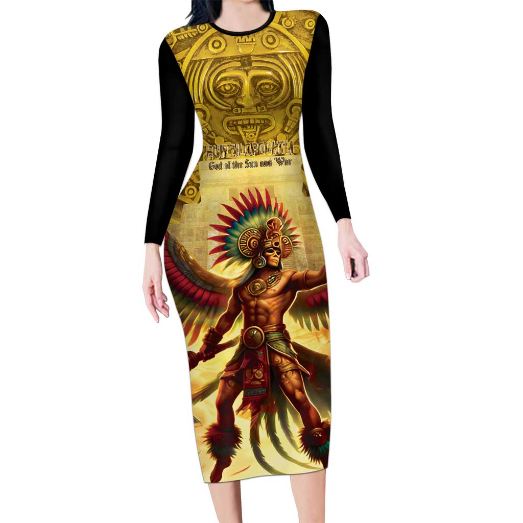 Mexico Panquetzaliztli Long Sleeve Bodycon Dress Huitzilopochtli - Aztec God of Sun and War