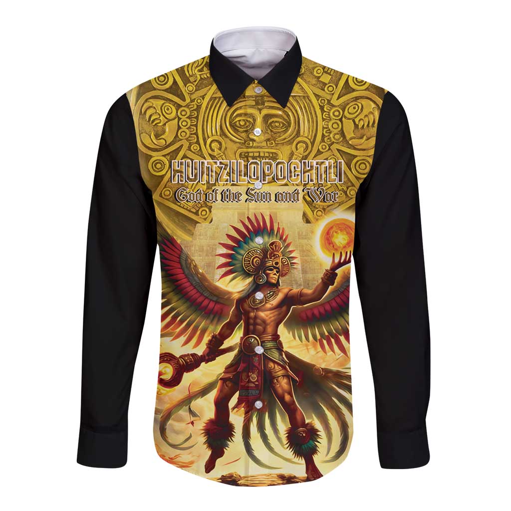 Mexico Panquetzaliztli Long Sleeve Button Shirt Huitzilopochtli - Aztec God of Sun and War - Wonder Print Shop