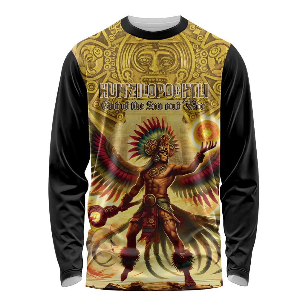 Unisex long sleeve shirt with black sleeves and gold Aztec deity front graphic