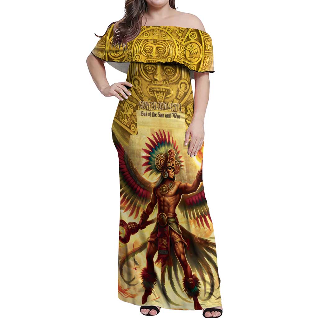 Mexico Panquetzaliztli Off Shoulder Maxi Dress Huitzilopochtli - Aztec God of Sun and War