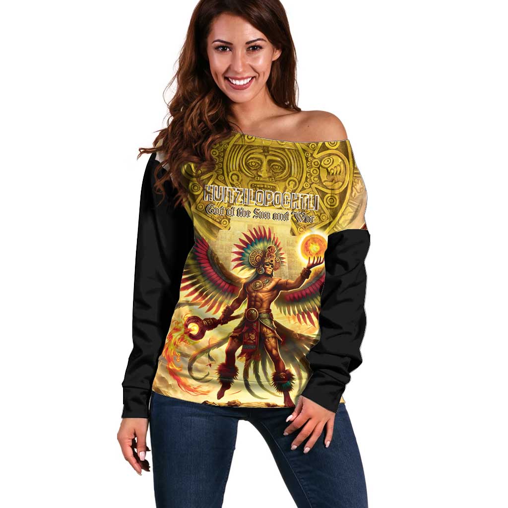 Mexico Panquetzaliztli Off Shoulder Sweater Huitzilopochtli - Aztec God of Sun and War