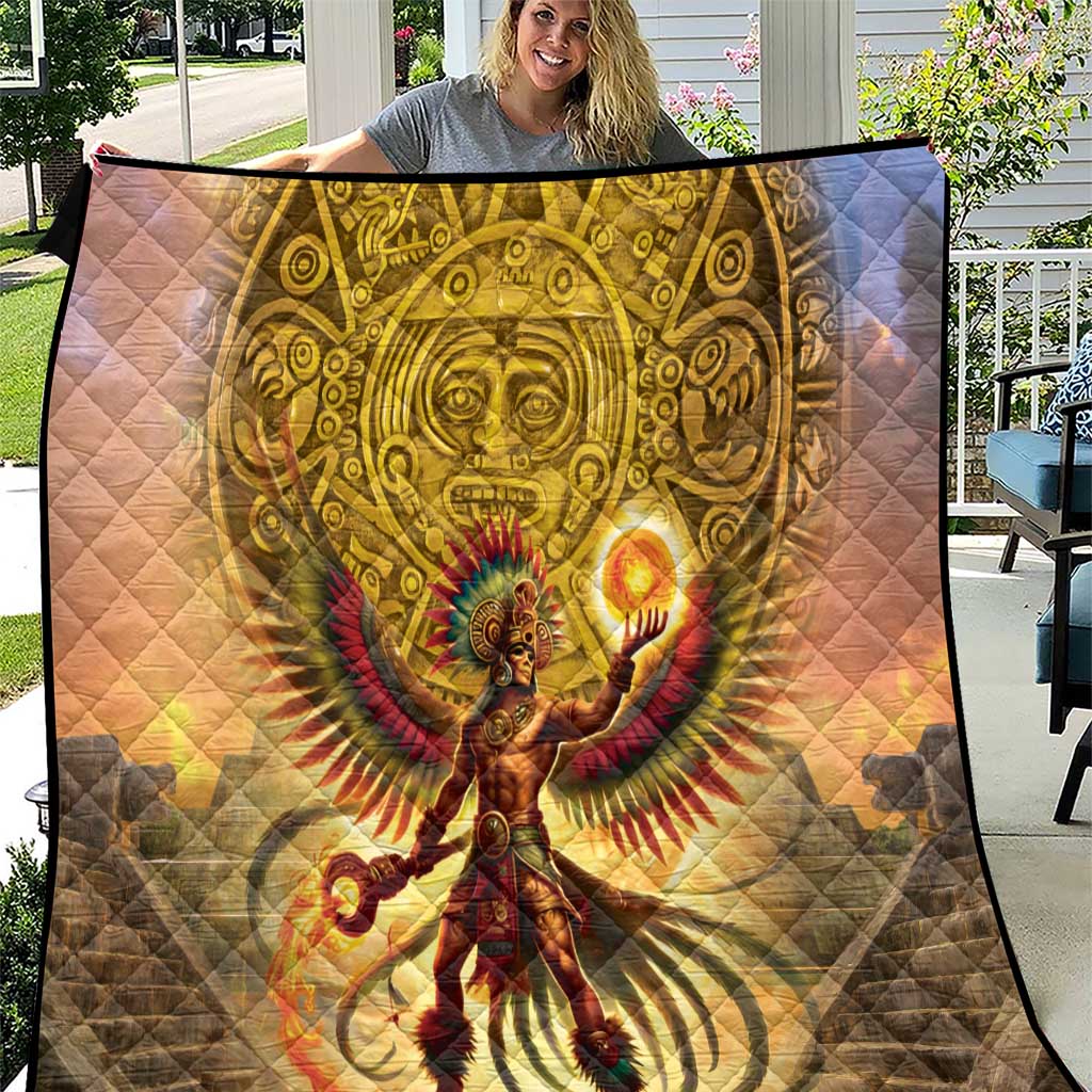 Gold and multicolor Aztec-style quilt blanket with radiant sun-war deity center design