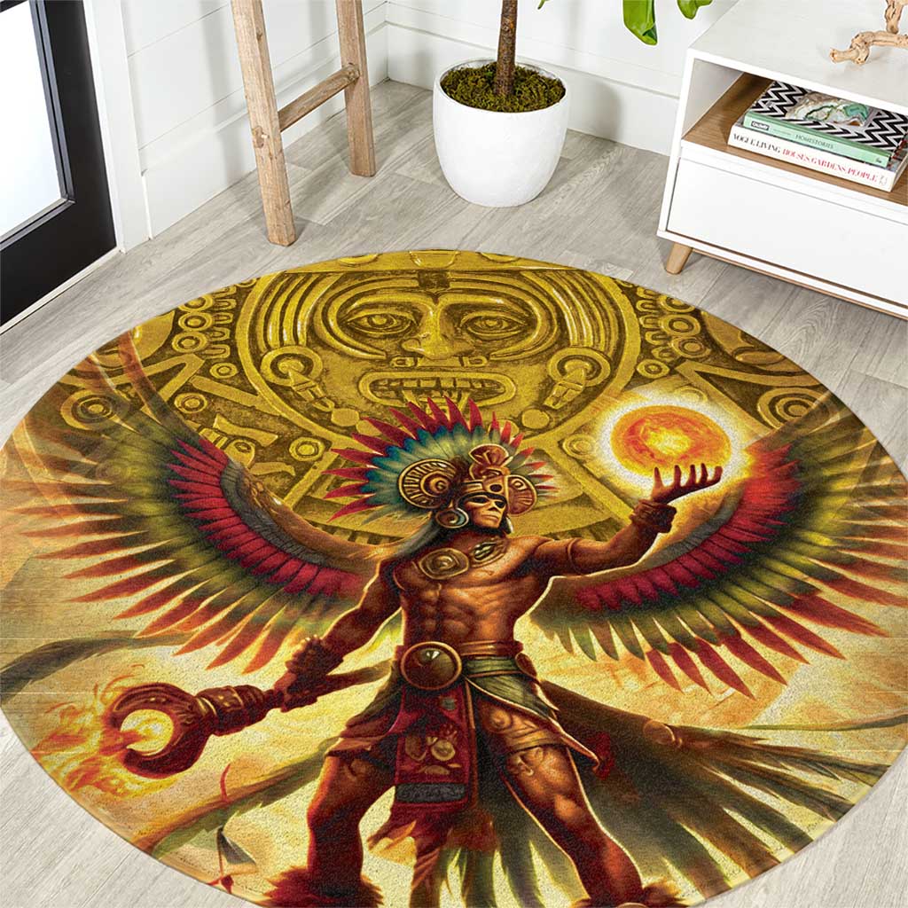 Round gold Aztec-style carpet with sun god warrior and glowing sun