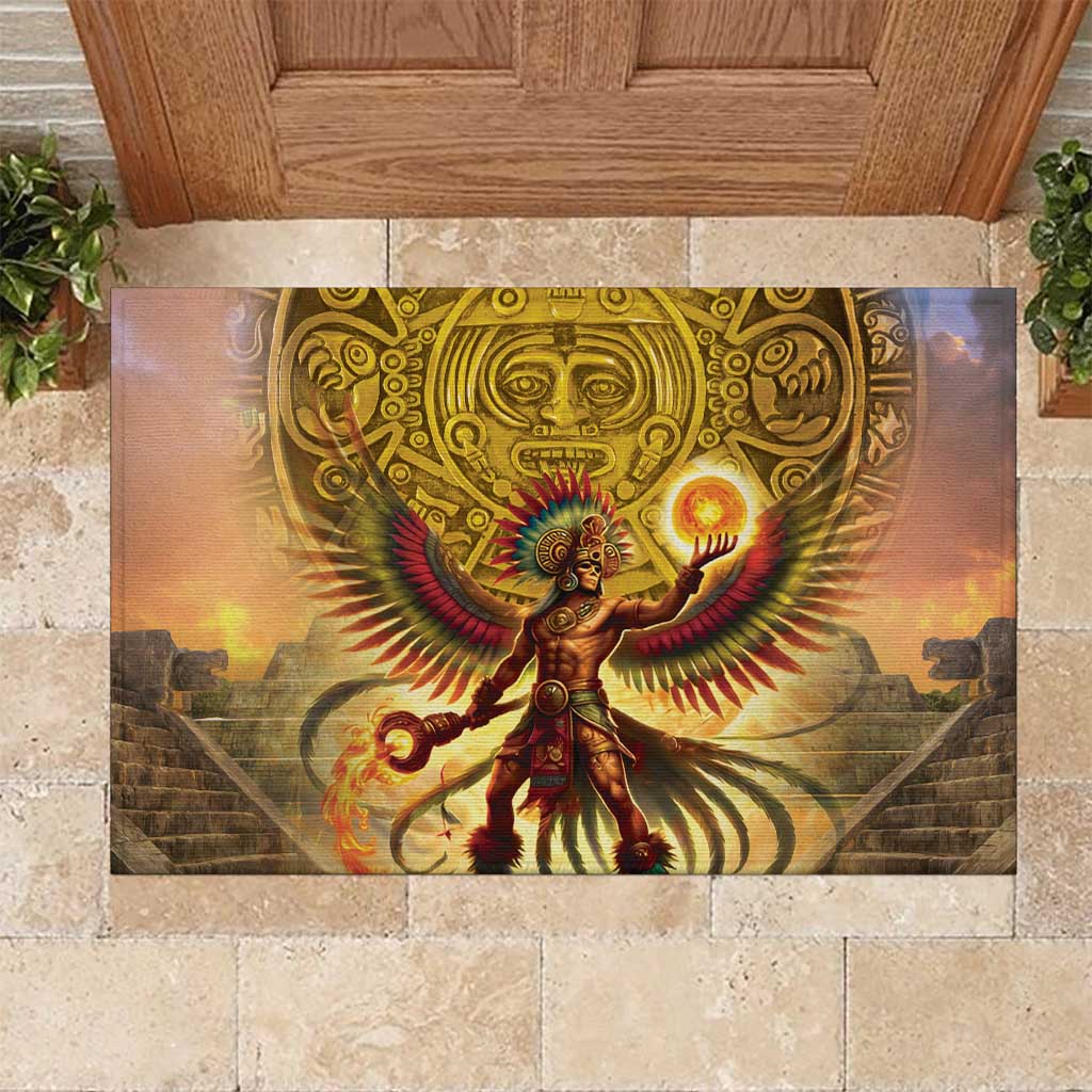 Gold rubber doormat with Aztec sun-warrior graphic and geometric border