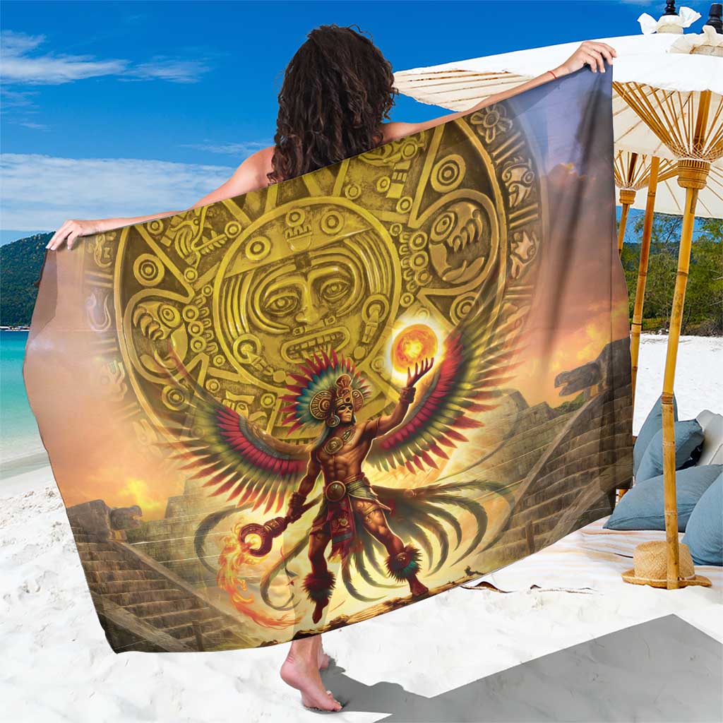 Gold-brown Aztec-style sarong with sun-and-war deity print, draped over shoulders