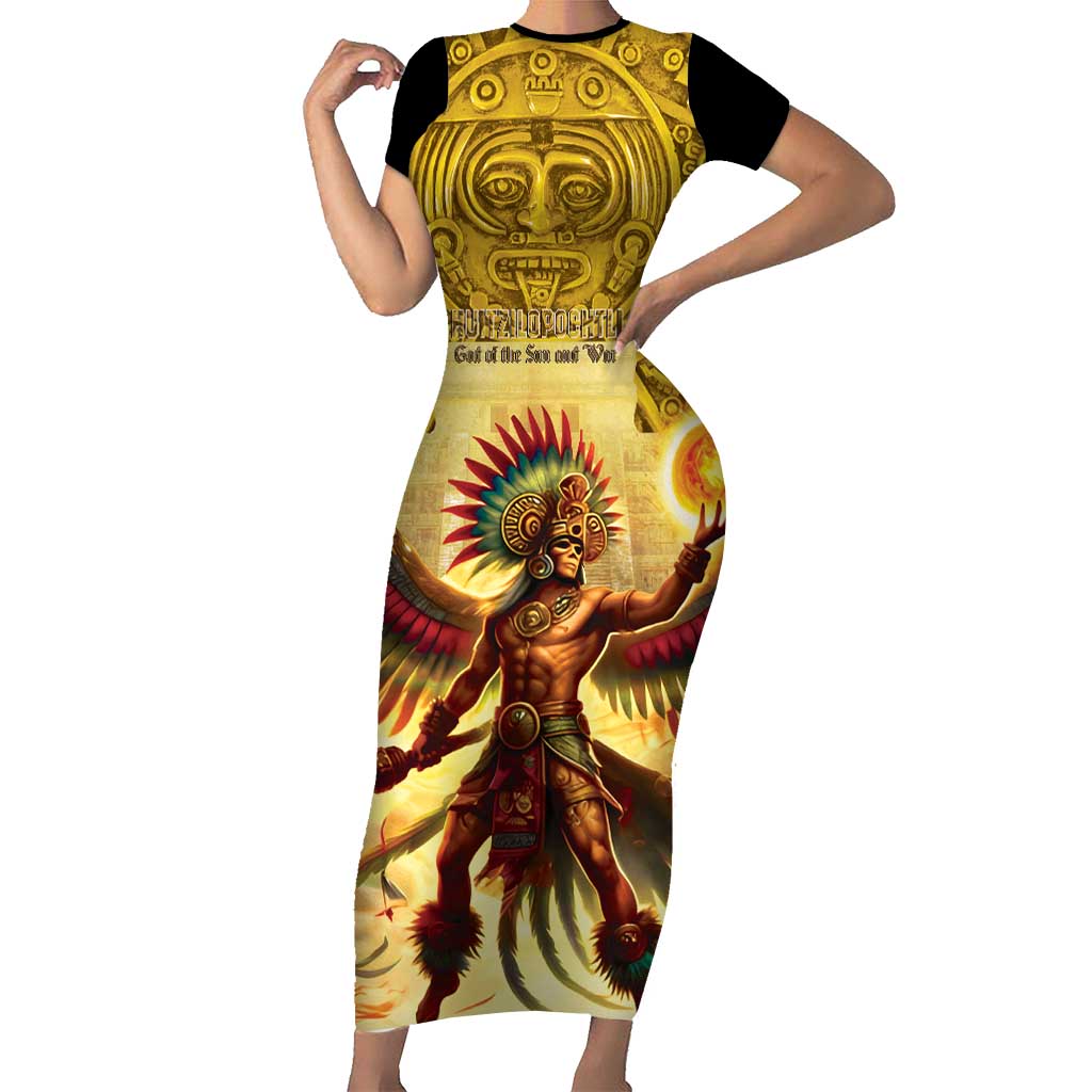 Mexico Panquetzaliztli Short Sleeve Bodycon Dress Huitzilopochtli - Aztec God of Sun and War